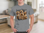 Graphic tee with "Endless Hunger" text and multiple golden retrievers, one with a hamburger.