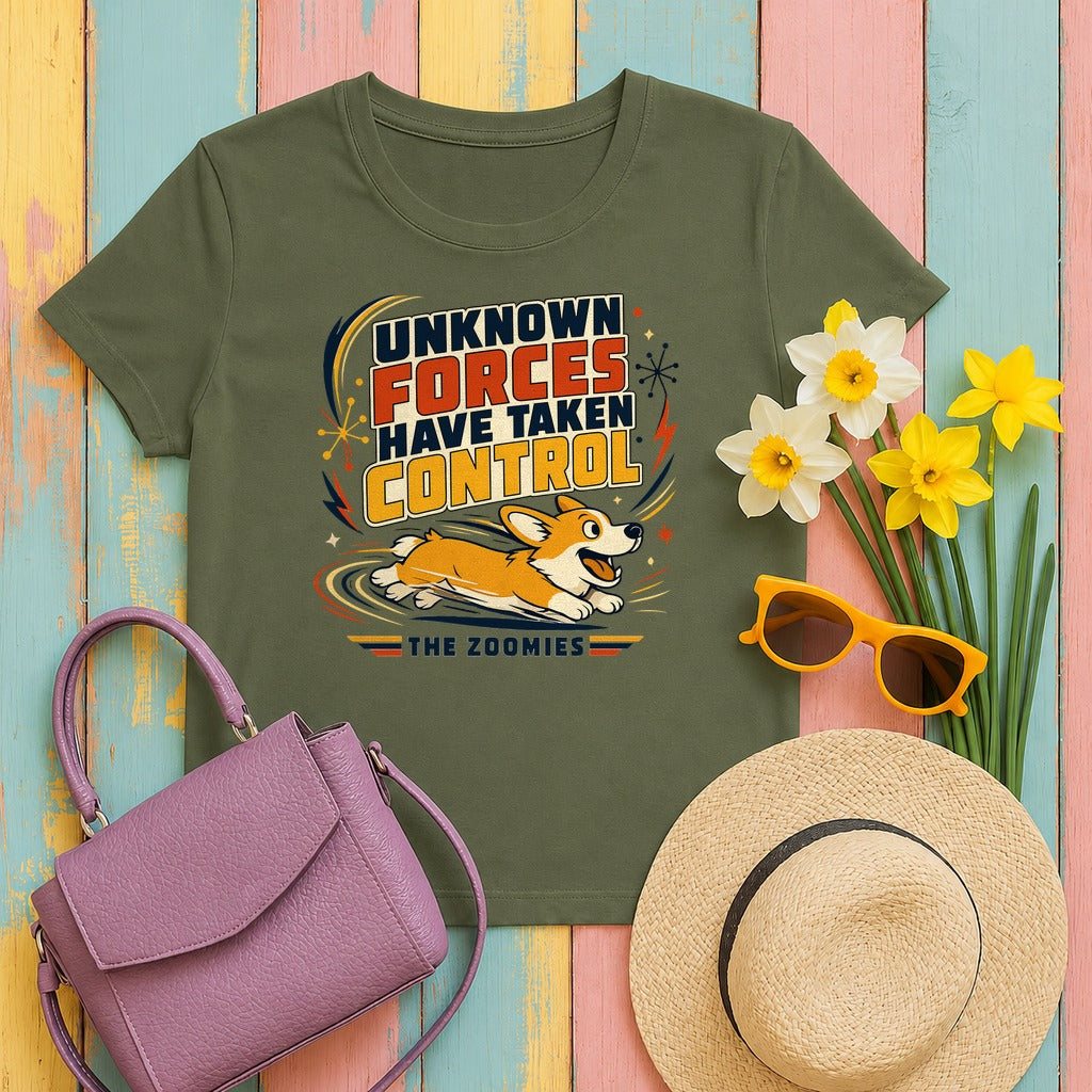 The Zoomies Control Corgi Graphic T-shirt in Military Green