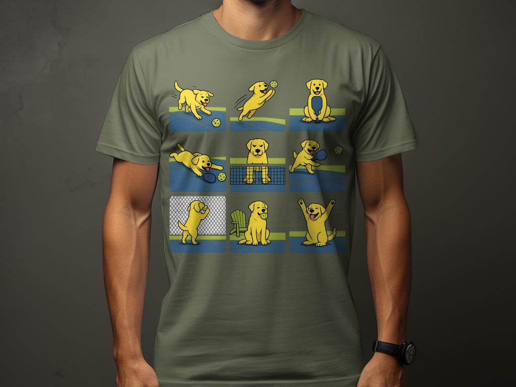 Yellow labrador puppies playing tennis in a nine-panel comic strip on a green shirt.