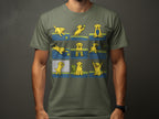 Yellow labrador puppies playing tennis in a nine-panel comic strip on a green shirt.
