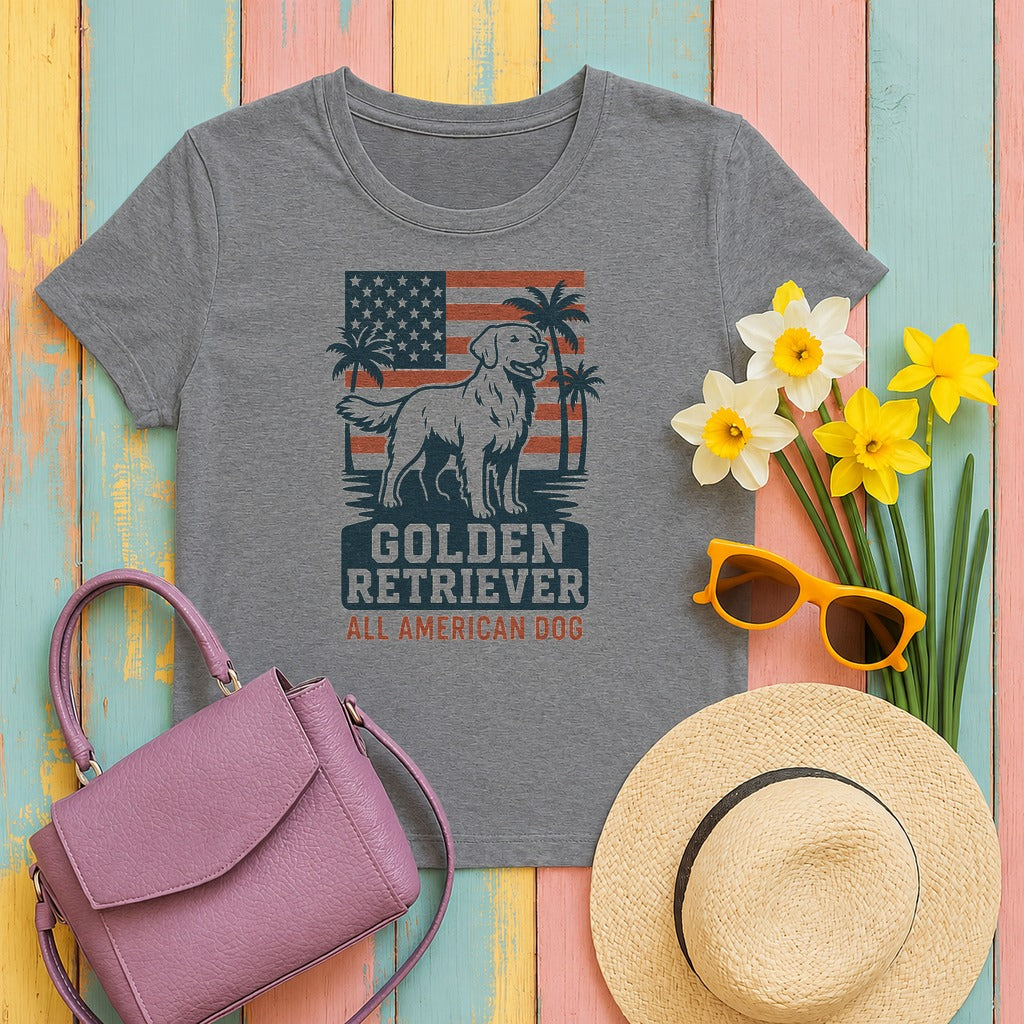 Golden Retriever All American Dog with Flag and Palms T-Shirt in Graphite Heather