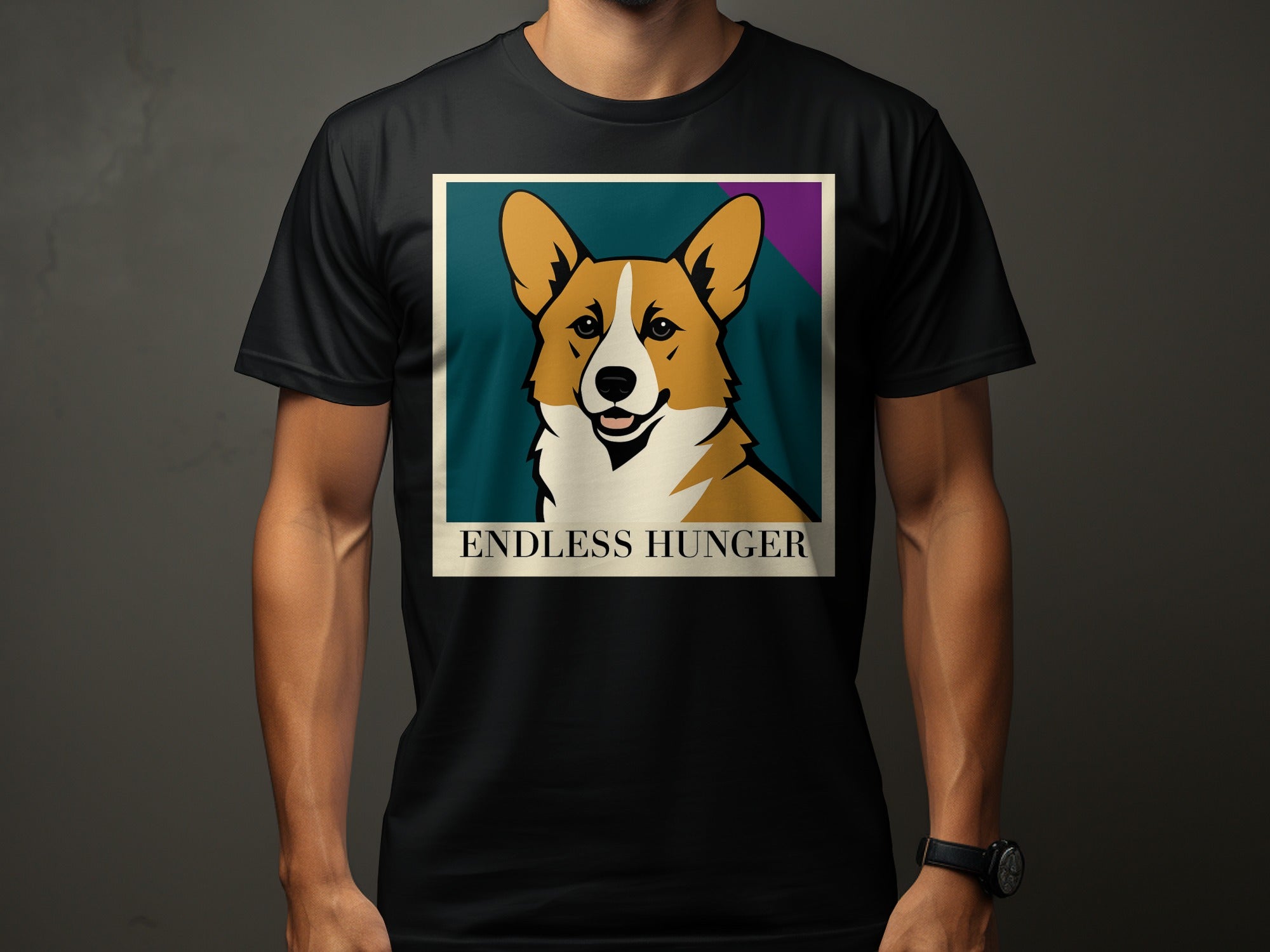 Black t-shirt with a graphic of a corgi and the text "ENDLESS HUNGER"