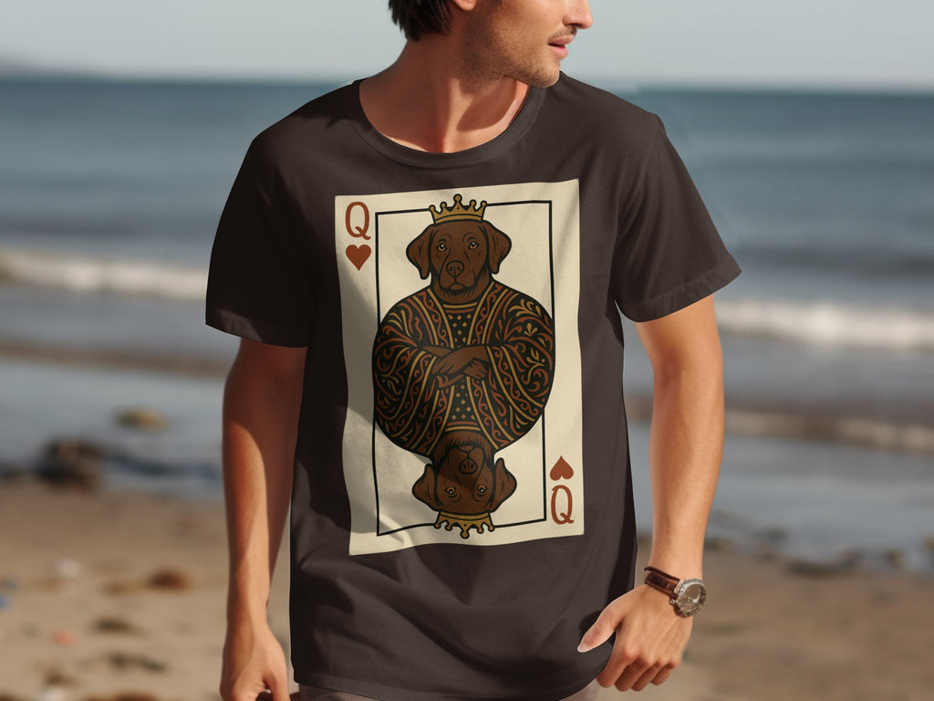 Dark t-shirt with Queen of Hearts card design featuring a brown dog.