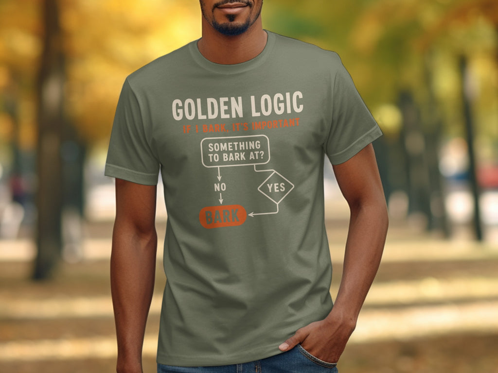 Olive green t-shirt with "Golden Logic" flowchart about barking.