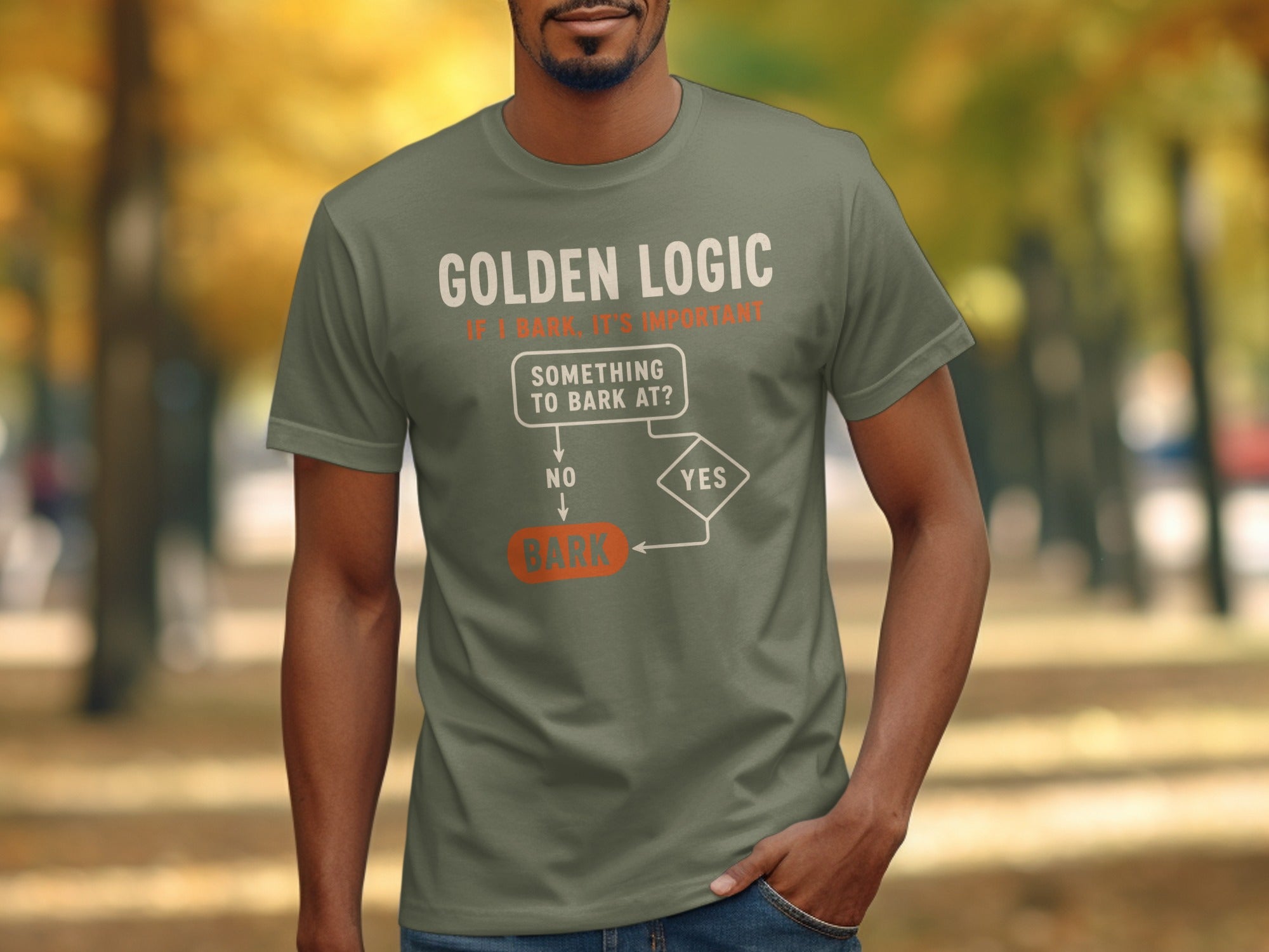 Olive green t-shirt with "Golden Logic" flowchart about barking.