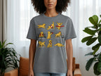 Grey t-shirt with a cartoon golden retriever in various poses and a red ribbon and medal.