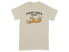 T-shirt with a dog lying on its back, text "Good Vibes Only".