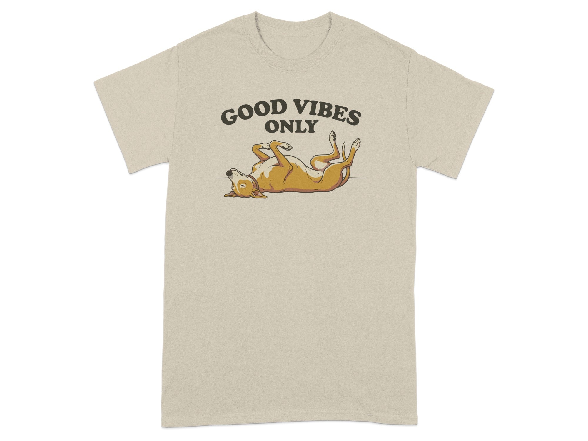 T-shirt with a dog lying on its back, text "Good Vibes Only".