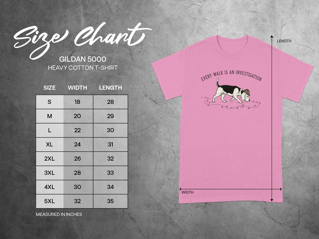 Gildan 5000 heavy cotton t-shirt size chart with measurements and graphic.