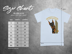 Gildan 5000 size chart with a dog peeking out of a door.