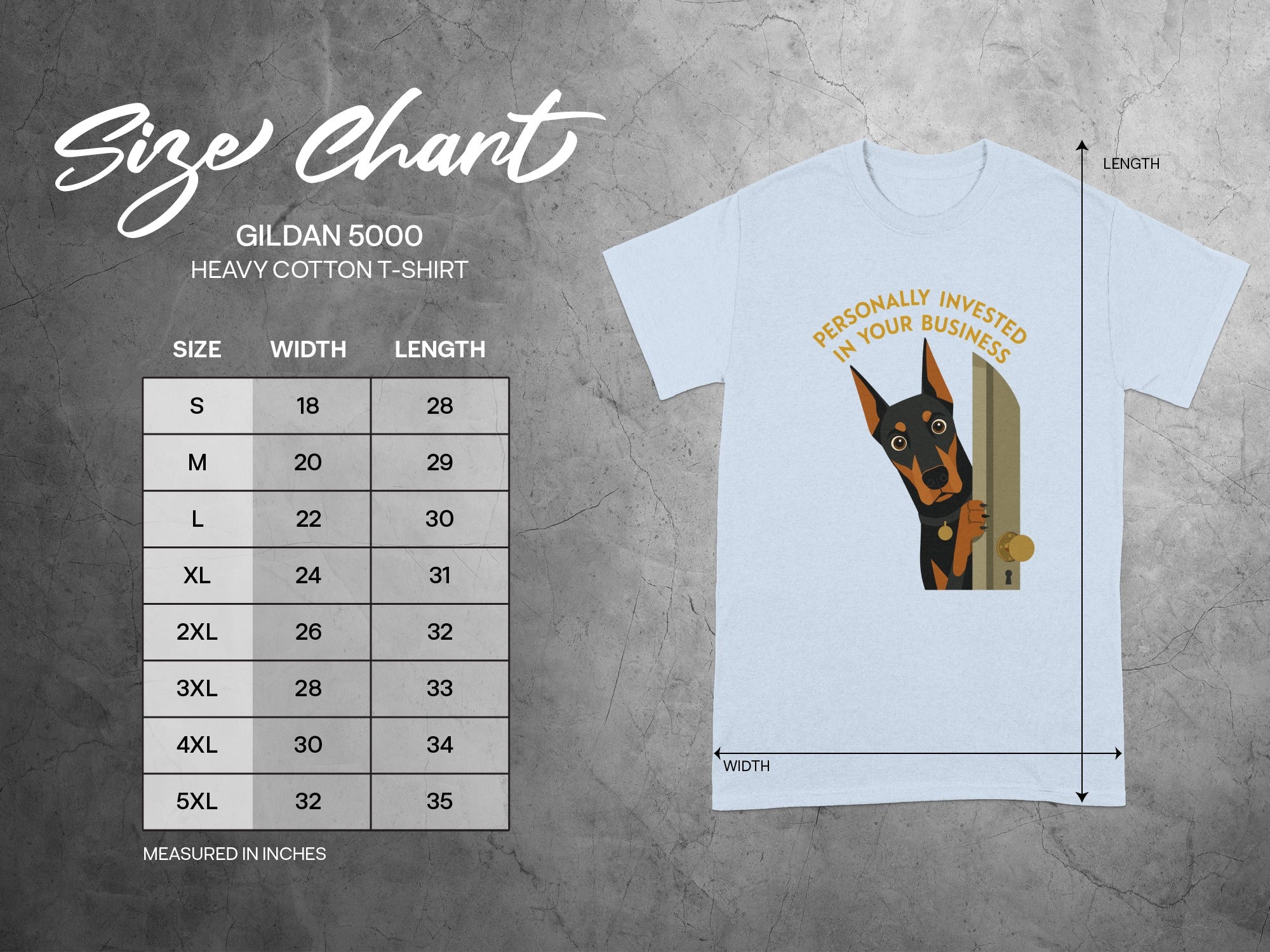 Gildan 5000 size chart with a dog peeking out of a door.
