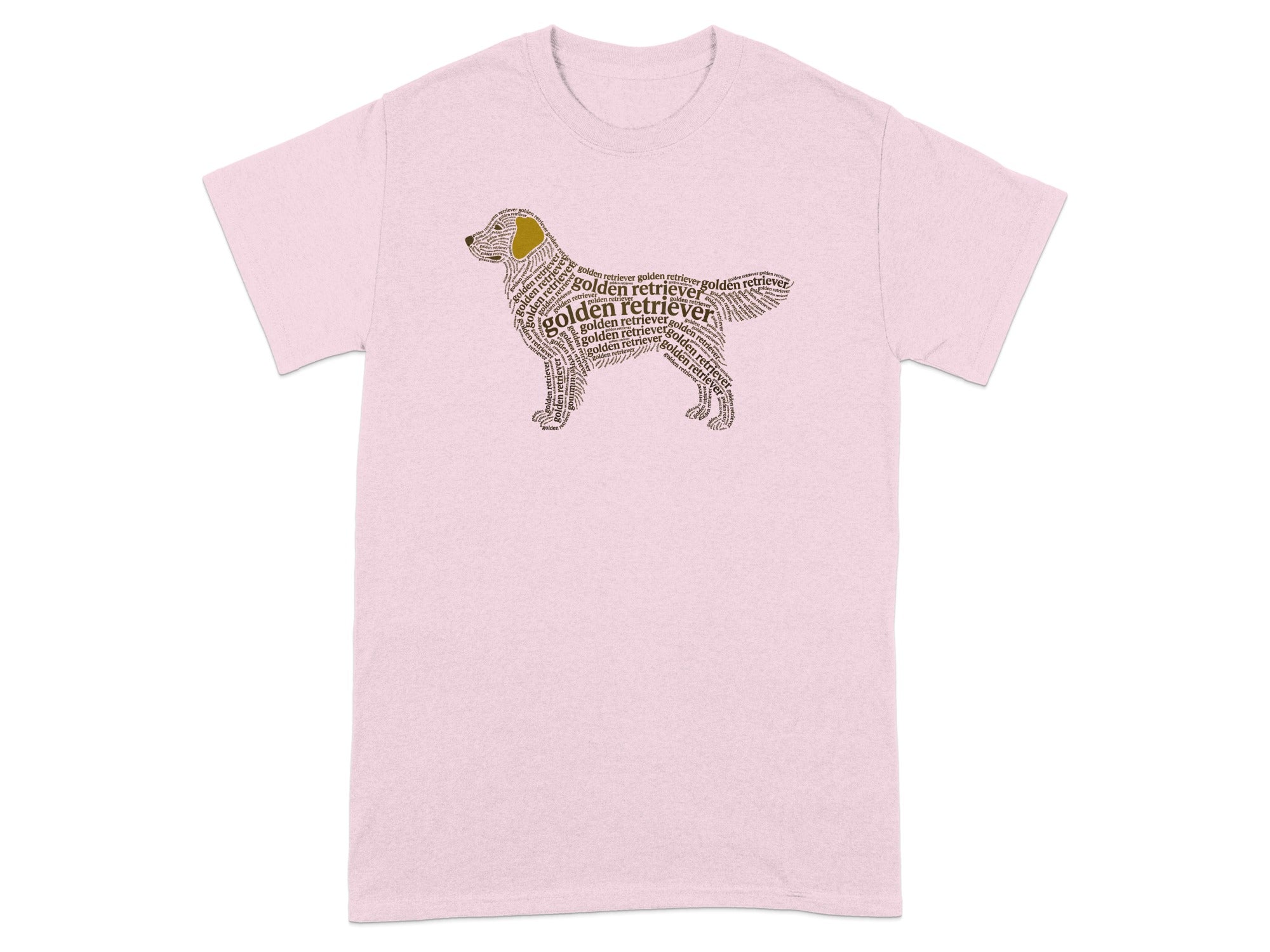 Pink t-shirt with "golden retriever" text forming a dog silhouette.