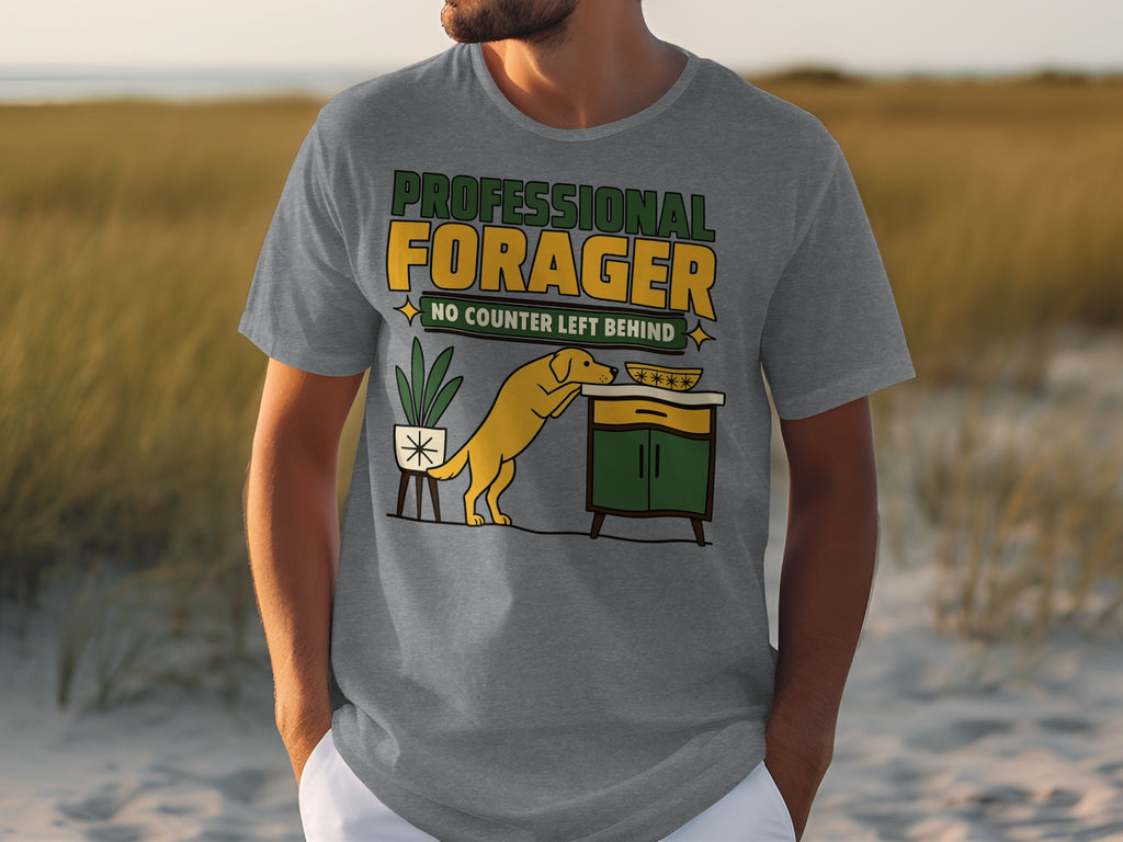 Grey t-shirt with "PROFESSIONAL FORAGER NO COUNTER LEFT BEHIND" text and cartoon dog.