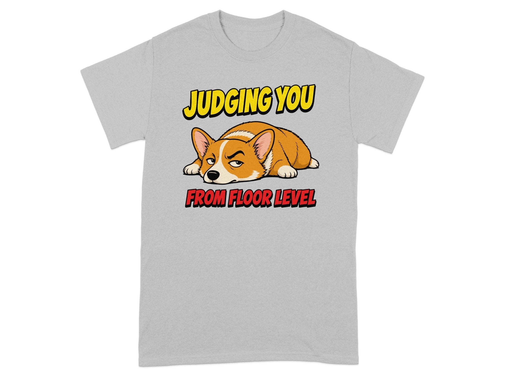 Corgi lying down with text "JUDGING YOU FROM FLOOR LEVEL".