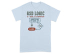Light blue t-shirt with "GSD LOGIC" flowchart about barking.
