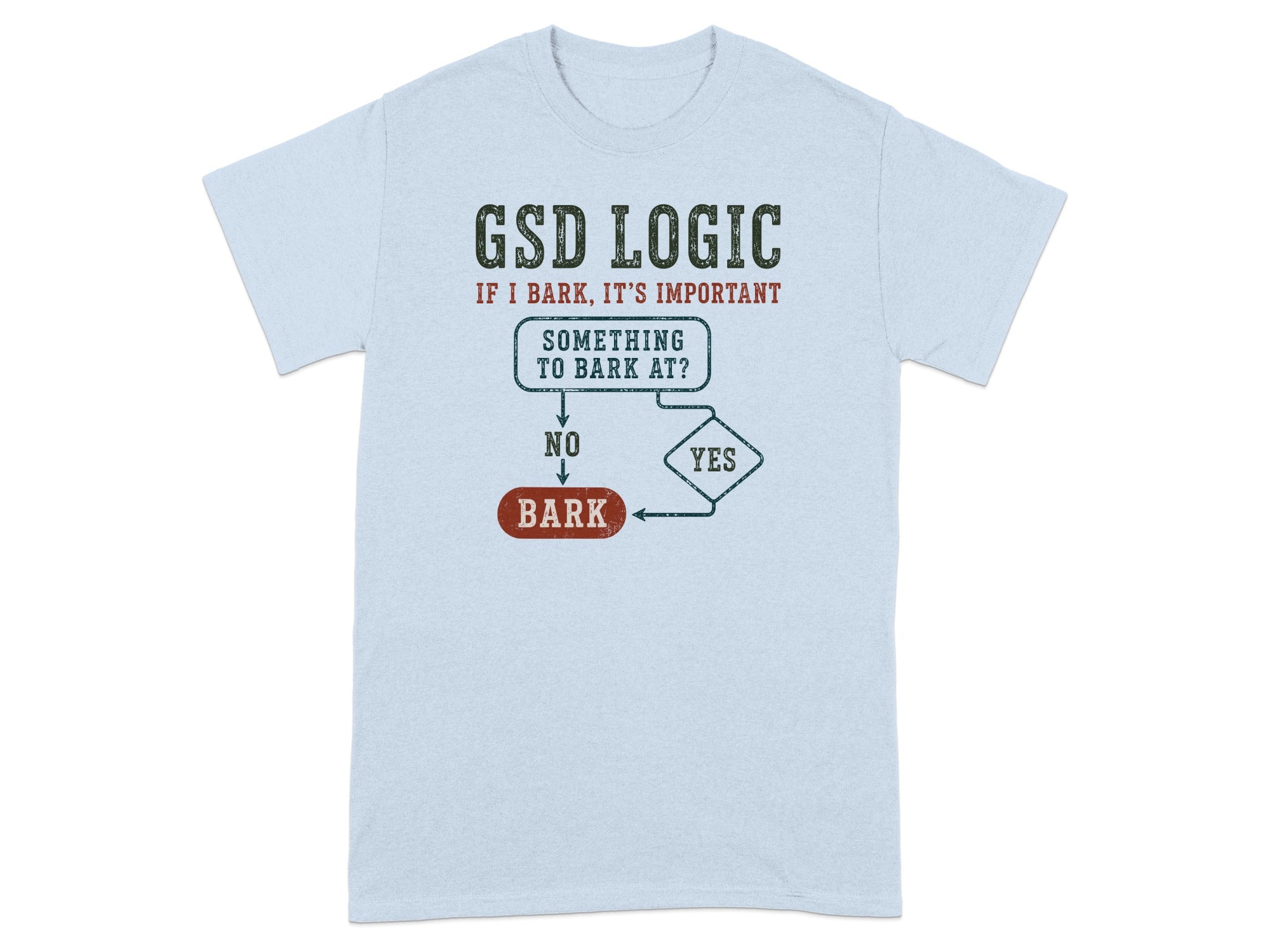 Light blue t-shirt with "GSD LOGIC" flowchart about barking.