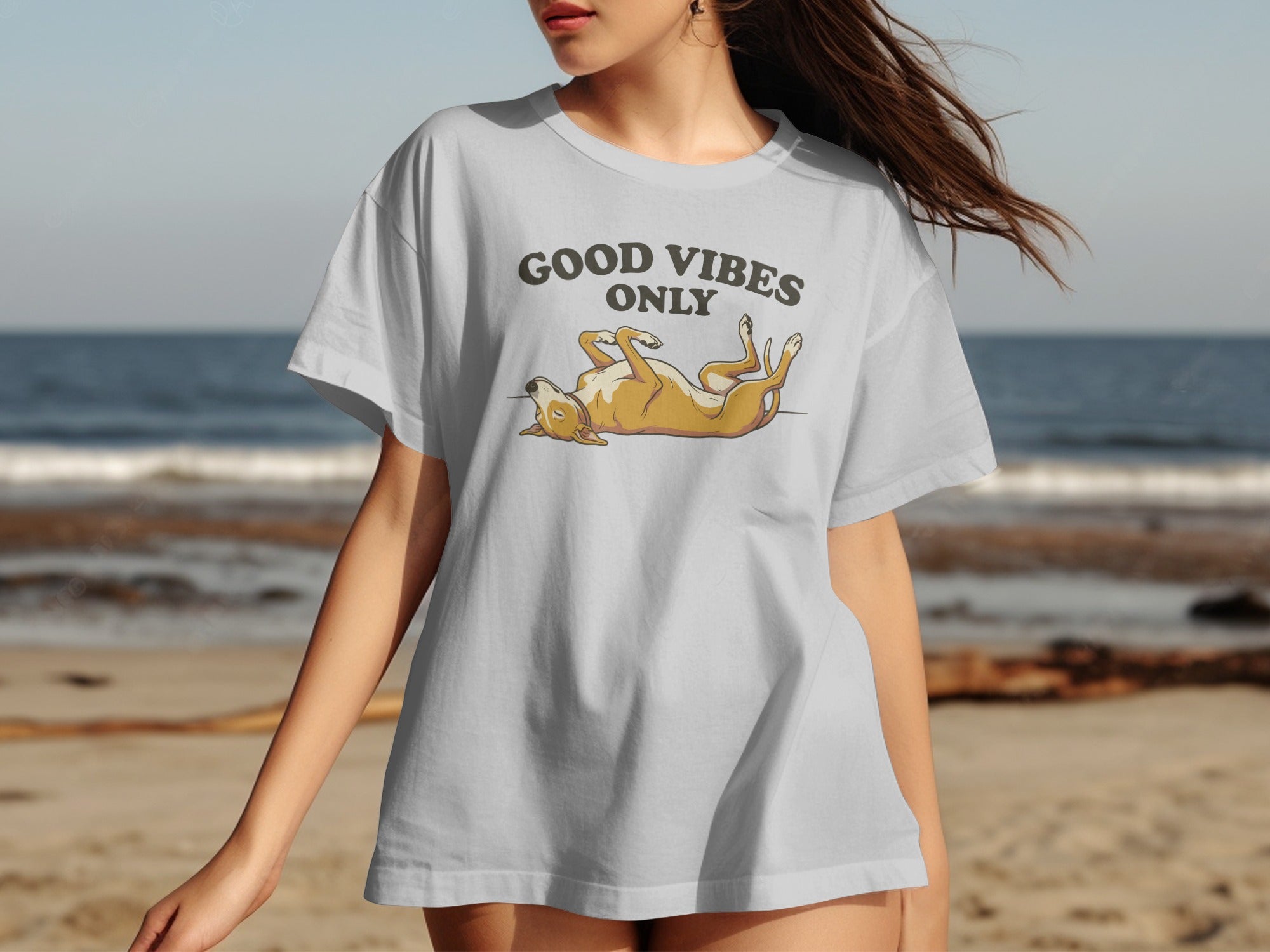White t-shirt with a dog graphic and "Good Vibes Only" text.
