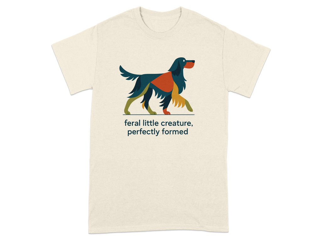 Cream t-shirt with a colorful abstract dog graphic and text.