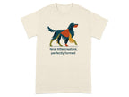Cream t-shirt with a colorful abstract dog graphic and text.