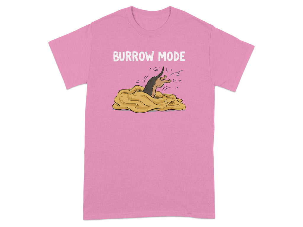 Pink t-shirt with a cartoon mole popping out of a dirt mound, text reads "BURROW MODE".