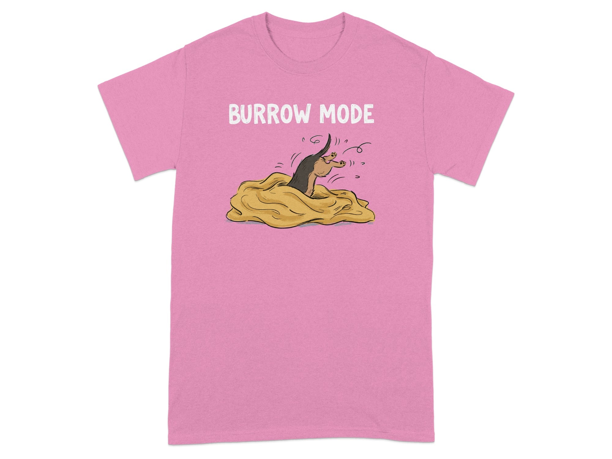 Pink t-shirt with a cartoon mole popping out of a dirt mound, text reads "BURROW MODE".