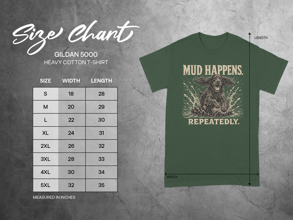 Gildan 5000 t-shirt size chart with "Mud Happens" graphic.