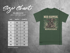 Gildan 5000 t-shirt size chart with "Mud Happens" graphic.