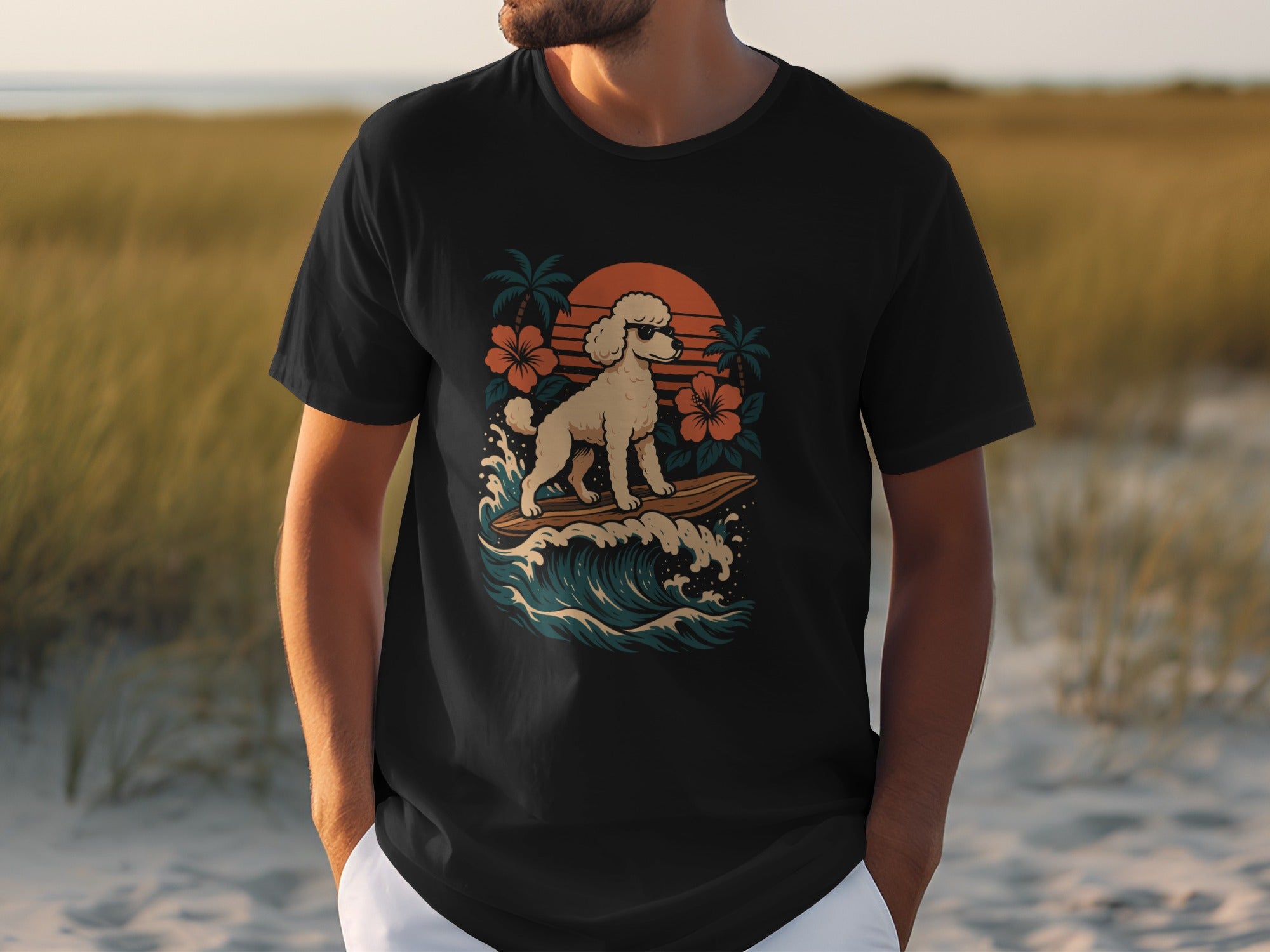 Retro Surfing Dog Graphic Tee for Beach Lovers