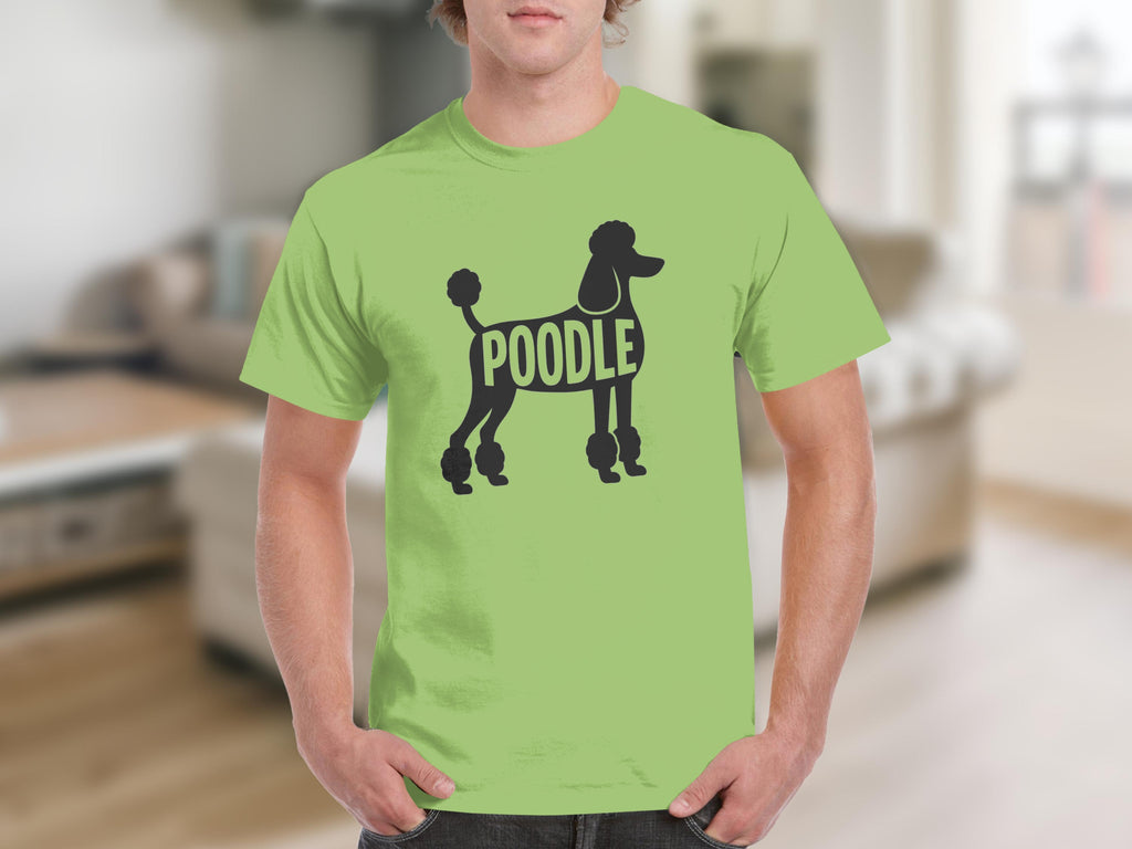 Green t-shirt with a black poodle silhouette and the word POODLE.