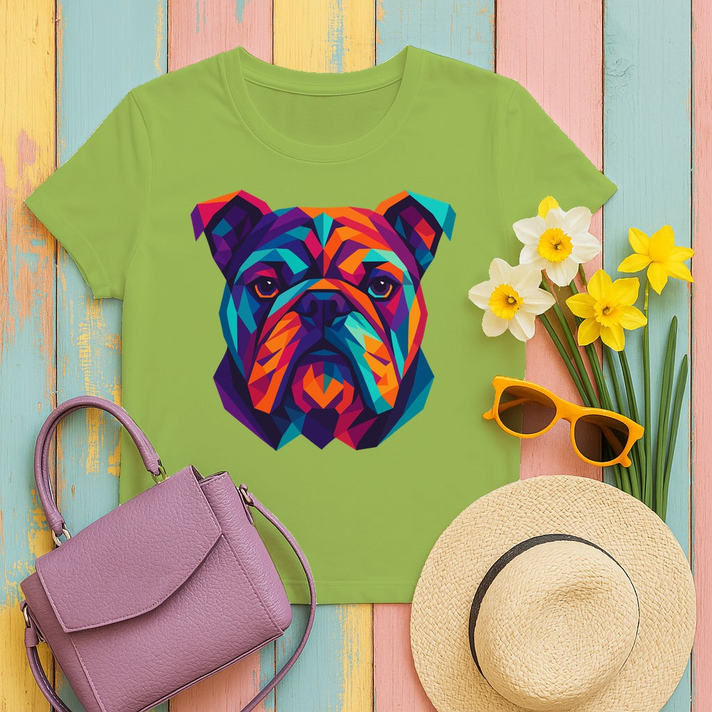 Colorful Geometric Bulldog Design Illustration Art T-Shirt in Kiwi