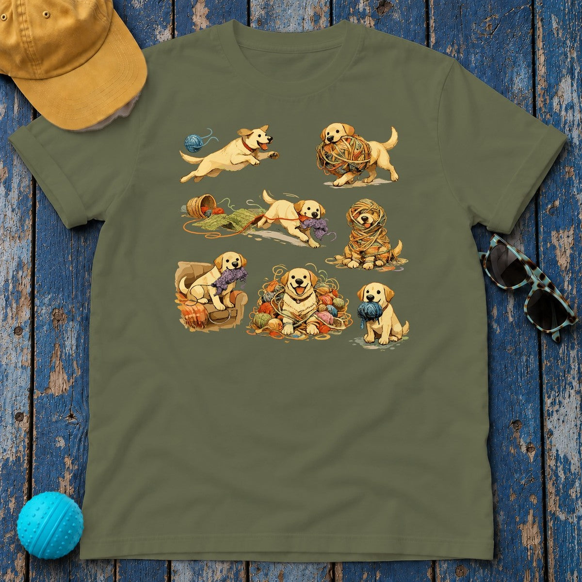 Playful Labrador & Yarn Watercolor T-shirt in Military Green