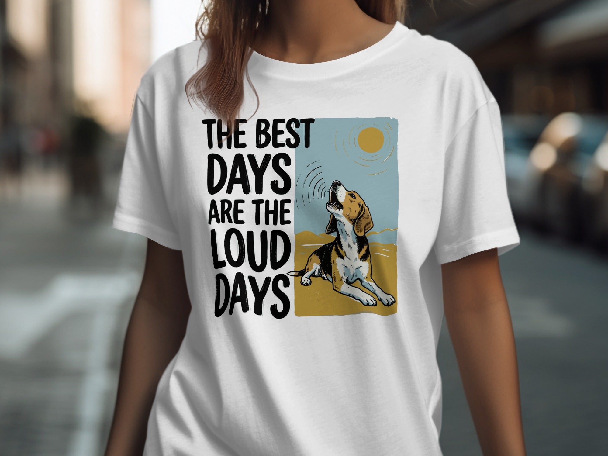 White t-shirt with a beagle howling at the sun graphic and text.