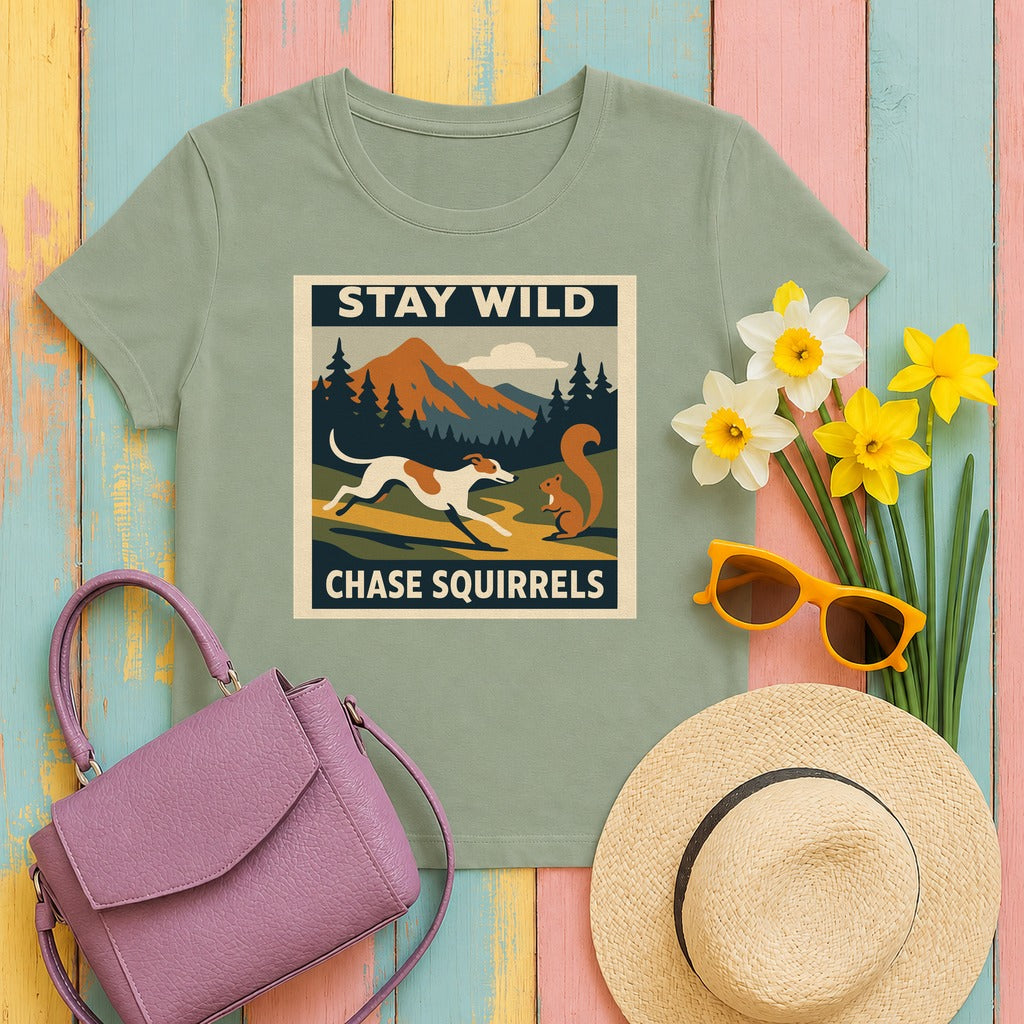 Greyhound Stay Wild Chase Squirrels Tee in Sage