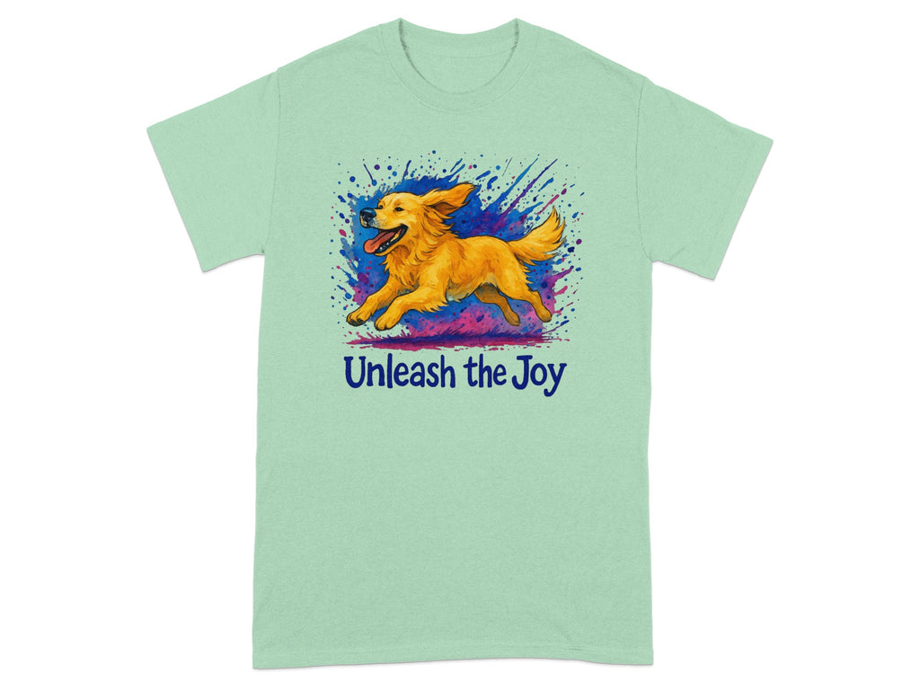 Green t-shirt with a running golden retriever and "Unleash the Joy" text.