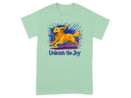 Green t-shirt with a running golden retriever and "Unleash the Joy" text.