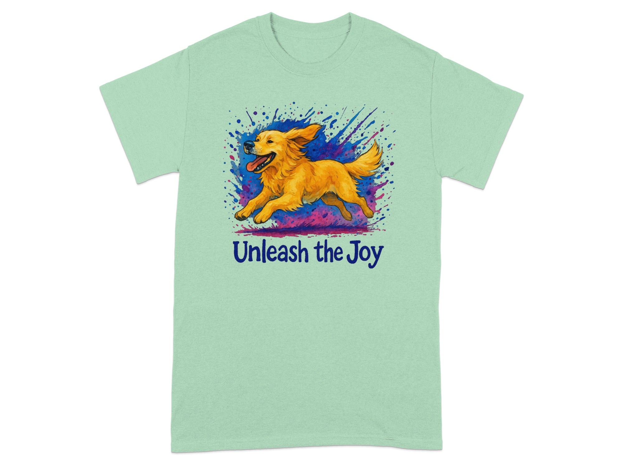 Green t-shirt with a running golden retriever and "Unleash the Joy" text.