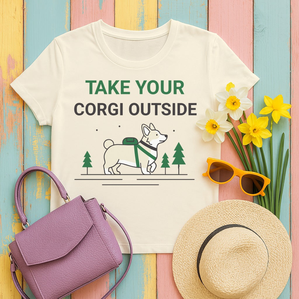 Take Your Corgi Outside Outdoors Adventure Cartoon T-Shirt in Natural