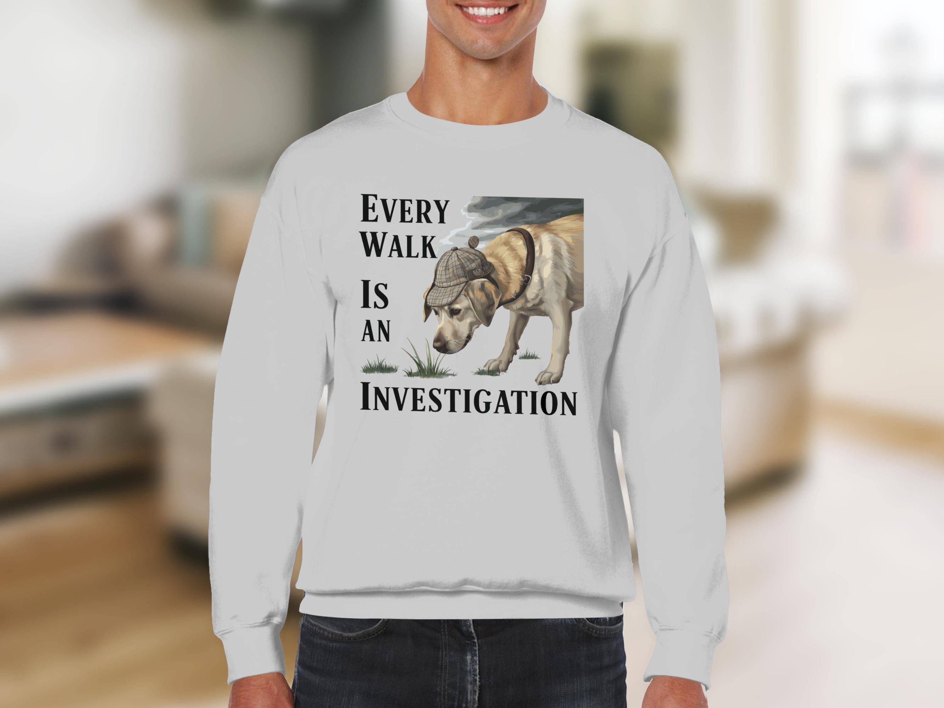 Labrador wearing a detective hat with "Every Walk Is An Investigation" text.