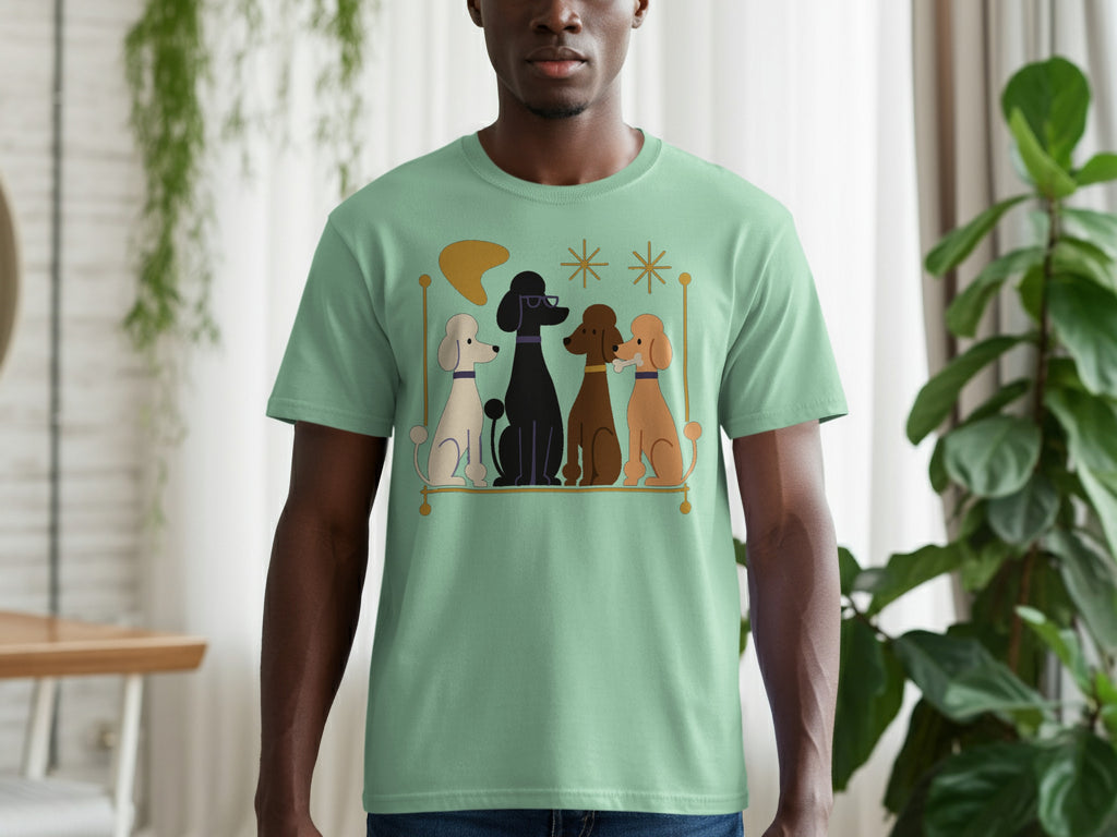 Light green t-shirt with a graphic of four poodles in a mid-century modern style.