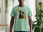 Light green t-shirt with a graphic of four poodles in a mid-century modern style.