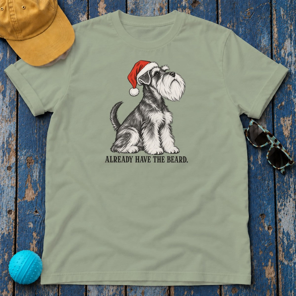 Already Have the Beard Schnauzer Santa T-Shirt in Sage - flat lay