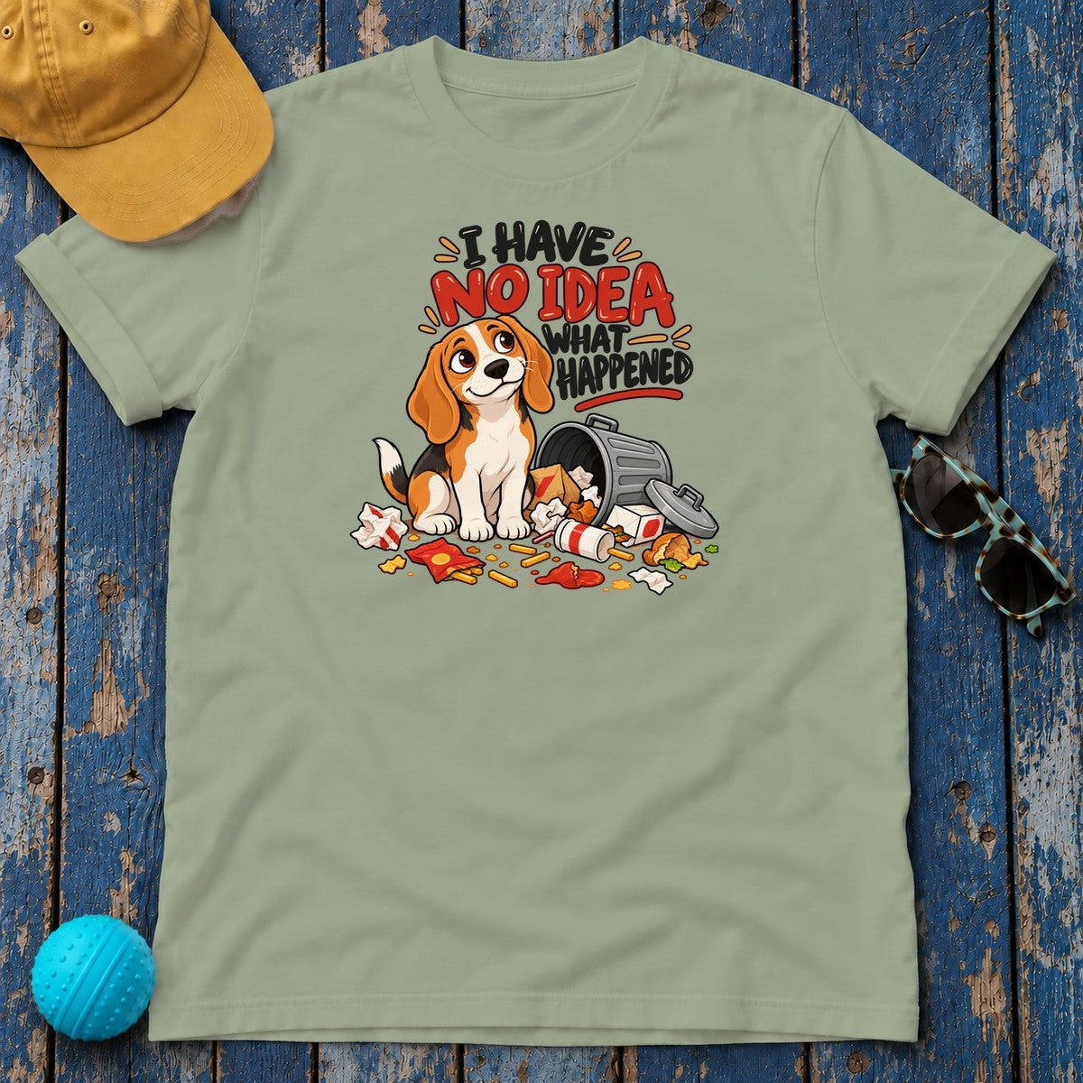 I Have No Idea What Happened Beagle T-Shirt in Sage - flat lay