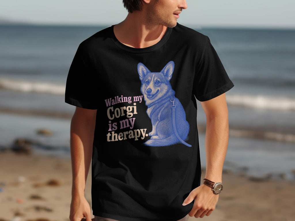 Black t-shirt with a blue corgi graphic and text "Walking my Corgi is my therapy."