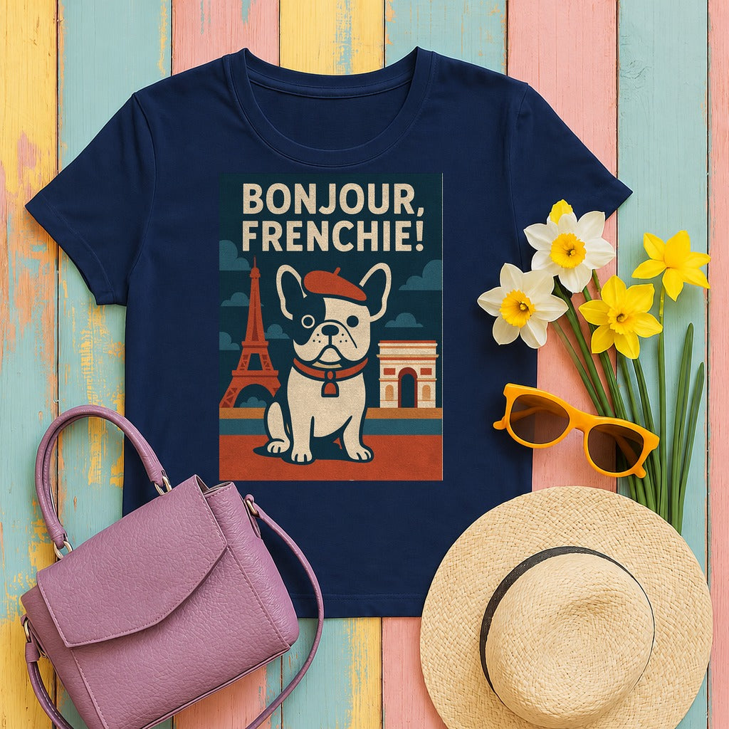 Bonjour Frenchie French Bulldog Paris T-Shirt in Navy
