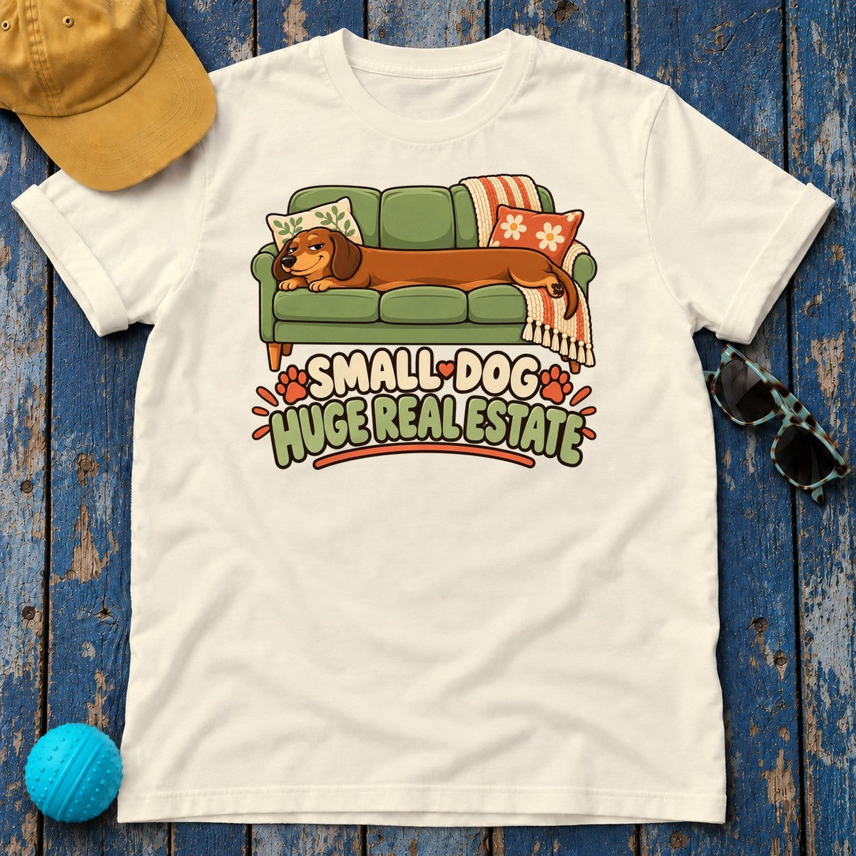 Small Dog Huge Real Estate Dachshund T-Shirt in Natural - flat lay