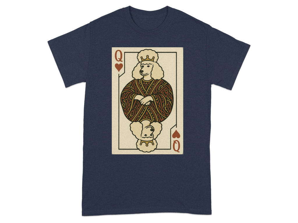 Queen of Hearts playing card with a poodle head on a navy t-shirt.