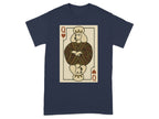 Queen of Hearts playing card with a poodle head on a navy t-shirt.
