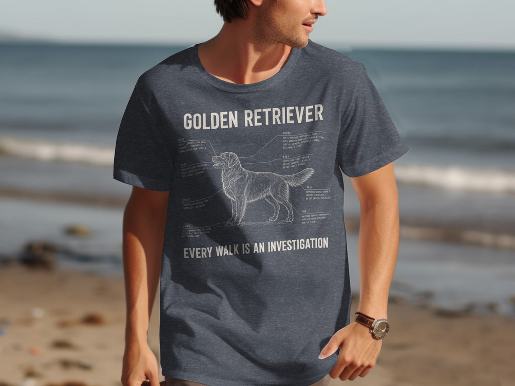 T-shirt with diagram of a Golden Retriever and humorous anatomical labels.
