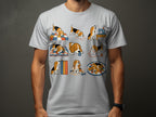 Cute cartoon beagles depicted in various playful and sleepy poses on a white T-shirt.