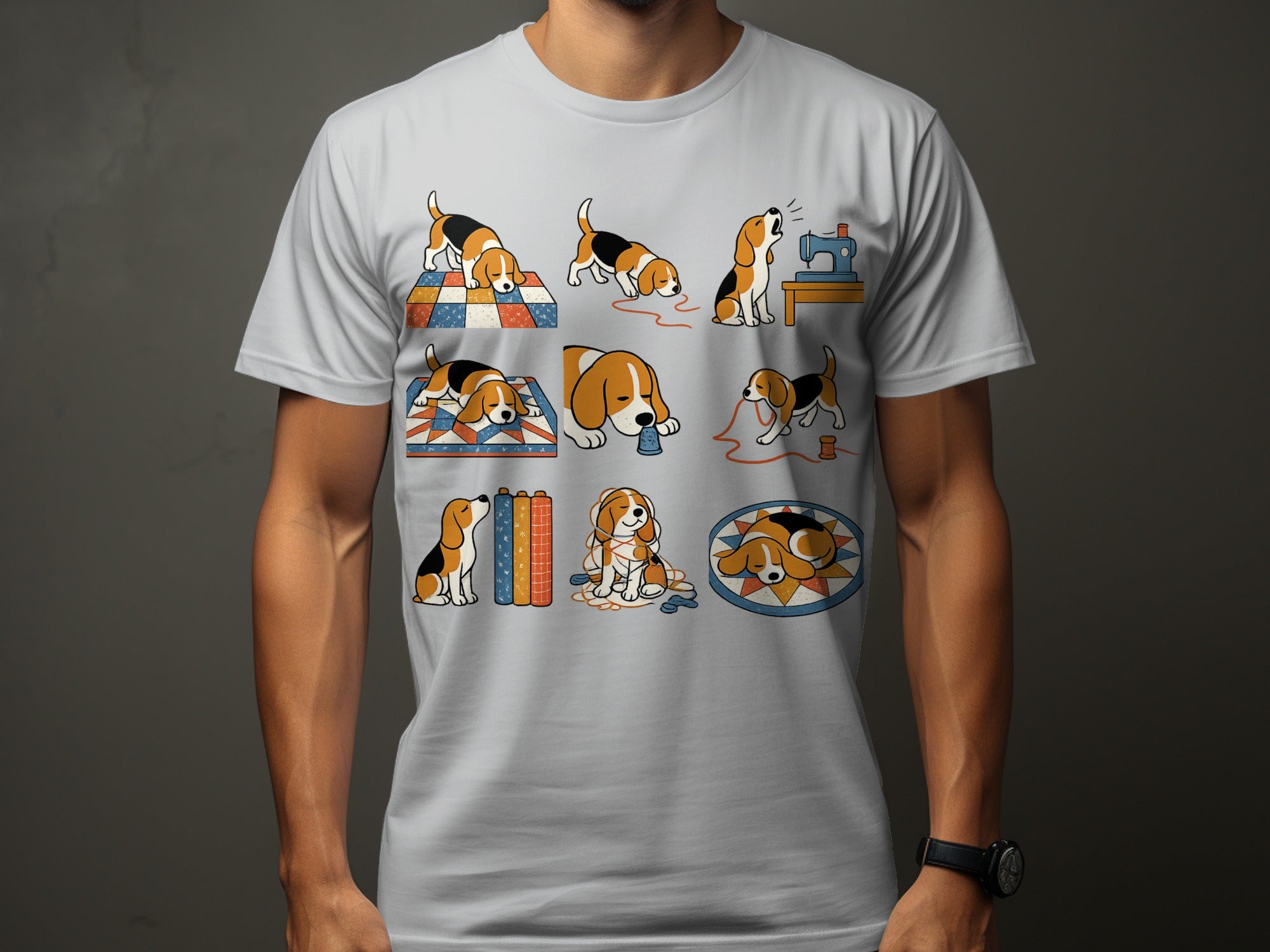 Cute cartoon beagles depicted in various playful and sleepy poses on a white T-shirt.
